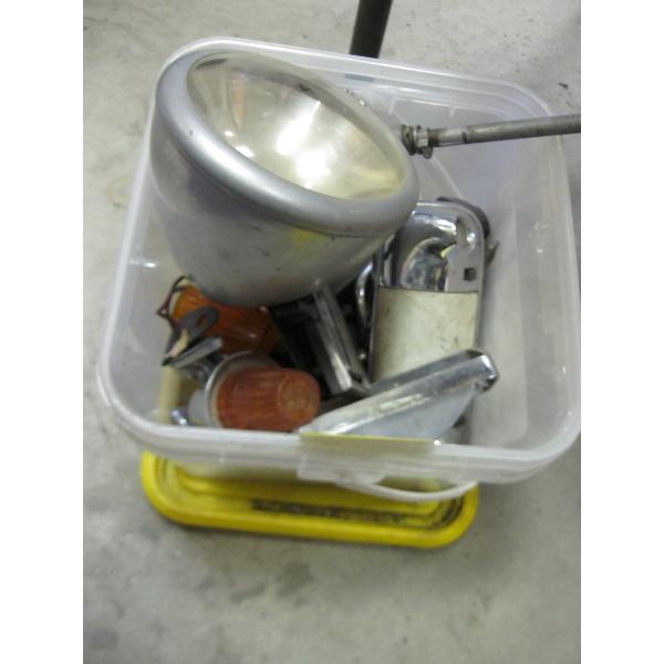 BIN OF MISC. LIGHTS, SPOTLIGHT W/HANDLE, ETC.