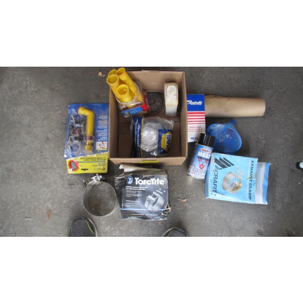 BOX OF MISC. EXHAUST CLAMPS, NAPA LIGHT, FUEL TANK FITTINGS, COOLING FLUSH, ETC.