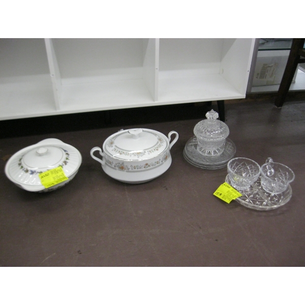 2 LIDDED SERVING DISHES & ASST. GLASSWARE