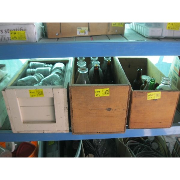 3 WOODEN CRATES OF GLASS BOTTLES & CANNISTERS