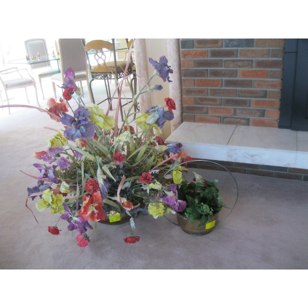 BRASS CONTAINER W/ASST. ARTIFICIAL FLOWERS