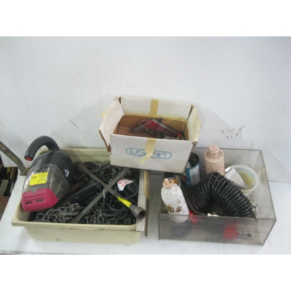2 BINS OF CHAIN, BRAD NAILER, VACUUM, ETC.