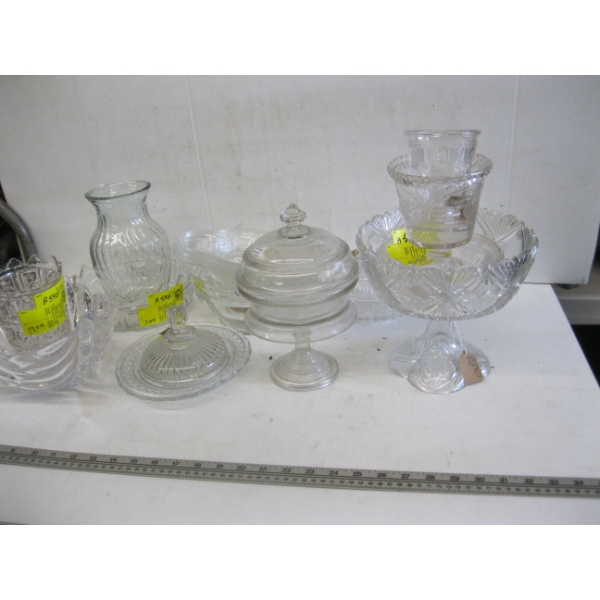 GLASS LIDDED DISHES, VASES, ETC.