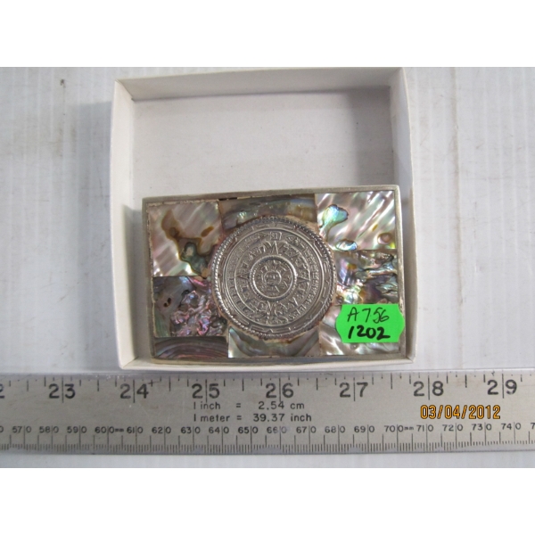 ABALONE SHELL AZTEC CALENDAR MYAN BELT BUCKLE