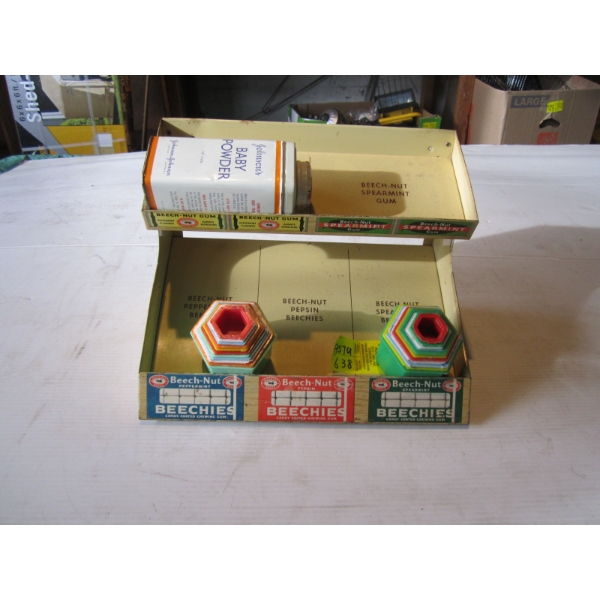 BEACH NUT CHEWING GUM DISPLAY STAND & PLASTIC VINTAGE CONTAINERS & JOHNSON'S BABY POWDER TIN