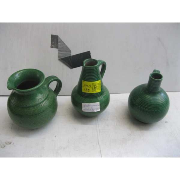 3 WEST GERMAN WILHELN KANGEL GREEN VASES