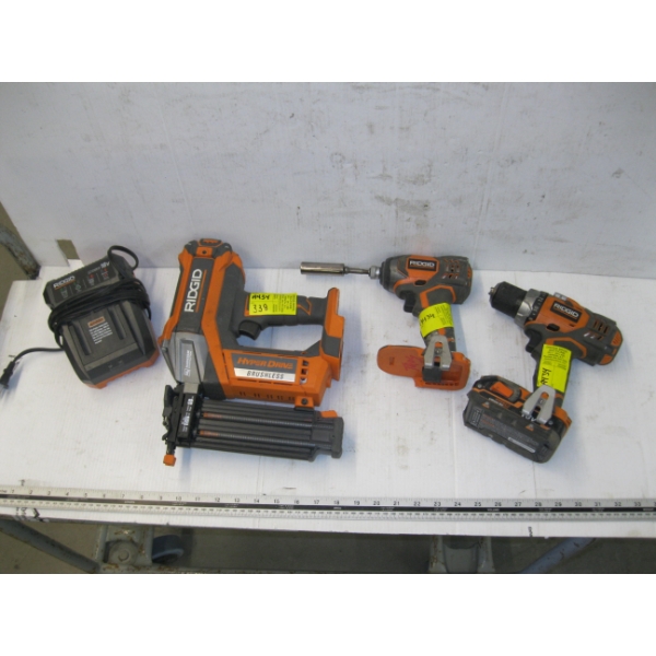 RIGID CORDLESS TOOL SET W/BRAD NAILER, IMPACT DRIVER, DRILL & CHARGER, 1 BATTERY