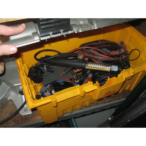TOOLBOX W/MISC. JUMPER CABLES, BATTERY CHARGERS, INVERTER, ETC.