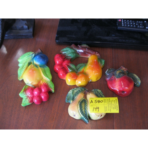 4 VINTAGE FRUIT CHALKWARE WALL HANGINGS