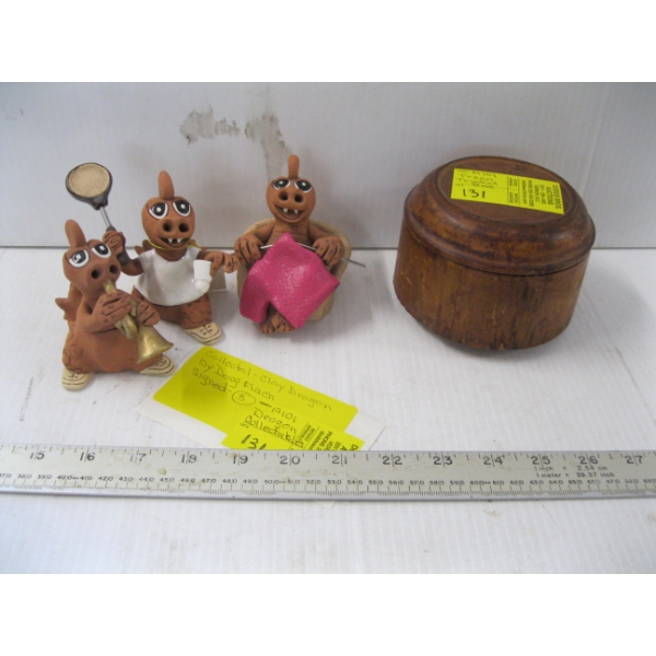 TREEN TRINKET BOX & 3 DRAGON COLLECTABLES