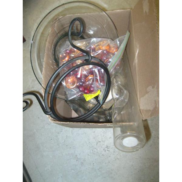 MISC. GLASS BOWL W/GLASS BEADS, THERMOMETER, ETC.