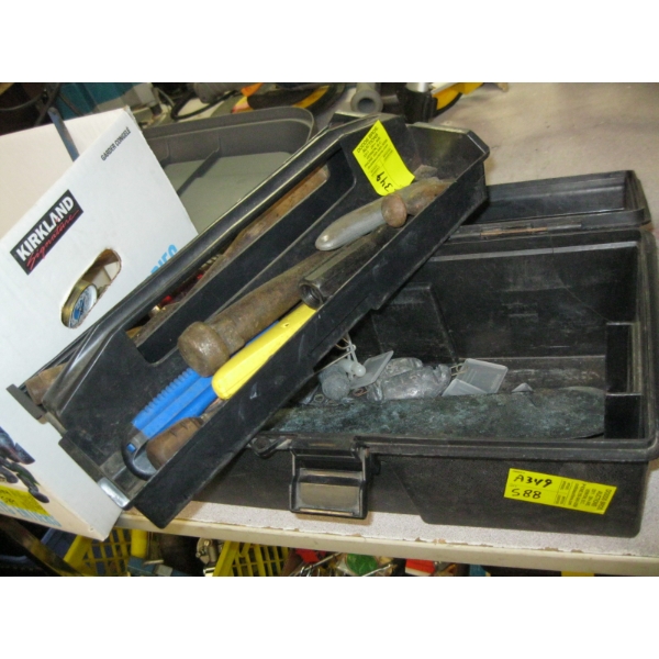 BLACK TOOLBOX W/MISC. CONTENTS: CHISELS, FISHING WEIGHTS, ETC.