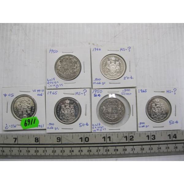 6 CDN SILVER 50 CENT PIECES