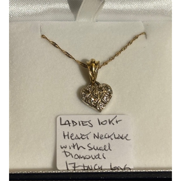 LADIES 10KT HEART NECKLACE W/SM DIAMONDS, 17"