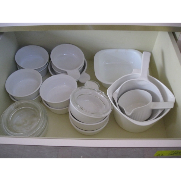 DRAWER OF ASST. WHITE DISHWARE - SOME CORNING WARE
