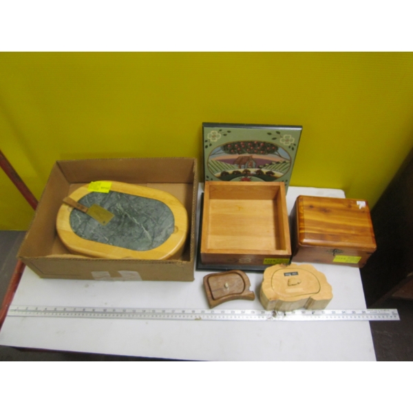 WOOD BOXES - VARIOUS SIZES, SHAPES & A MARBLE CUTTING BOARD