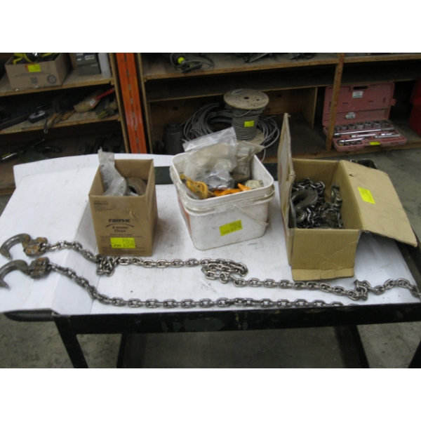 3 CONTAINERS OF ASST. HOOKS, CHAINS, ETC.