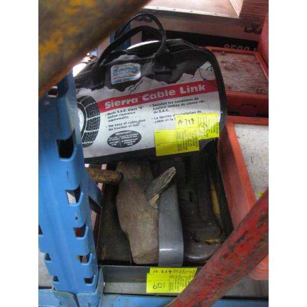 MISC. PIPE WRENCH, SLEDGEHAMMER HEADS, WHEELS, TIRE CHAINS