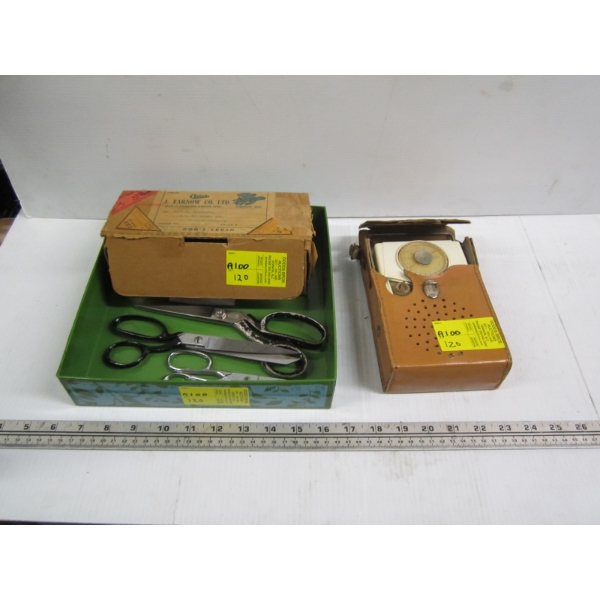VINTAGE TRANSISTOR RADIO & BOX W/ASST. ELECTRIC TRIMMERS, SCISSORS, ETC.