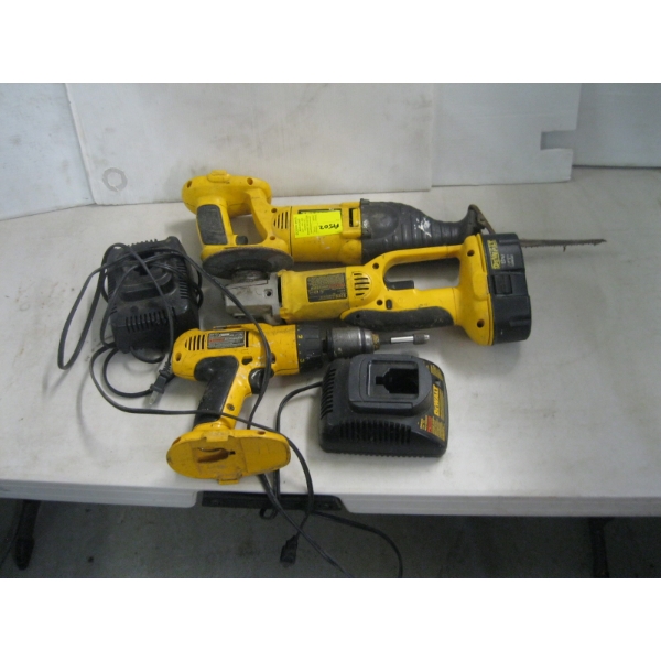 FLAT OF DEWALT SAWZALL, DRILL, GRINDER W/1 BATTERY & 2 CHARGERS