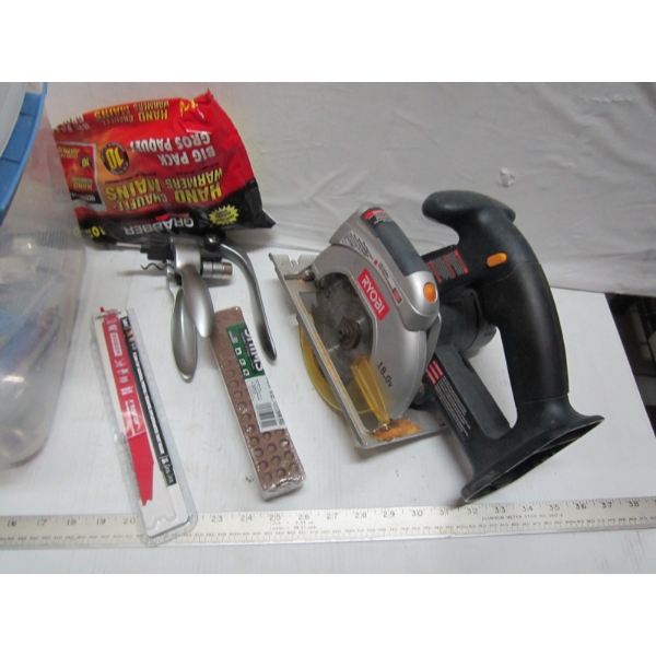 RYOBI CORDLESS CIRCULAR SAW & BIN OF MISC. TOOLS - WRENCHES, ETC