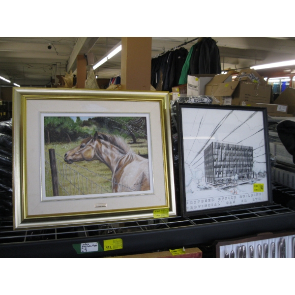 FRAMED ORIGINAL PAINTING OF BITSY THE HORSE & AN OFFICE BUILDING