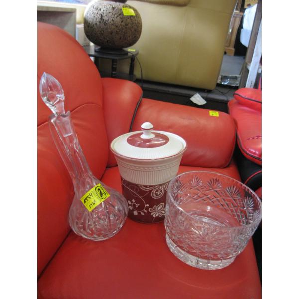 CRYSTAL DECANTER, BOWL & LIDDED CONTAINER