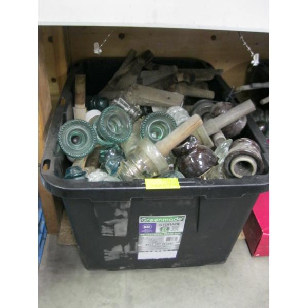 LG. BIN OF ASST. GLASS INSULATORS W/WOODEN HOLDERS