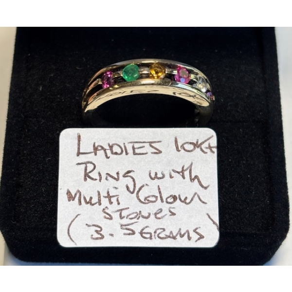 LADIES 10KT RING W/MULTI COLOR STONES, 3.5G, SZ 7 1/2