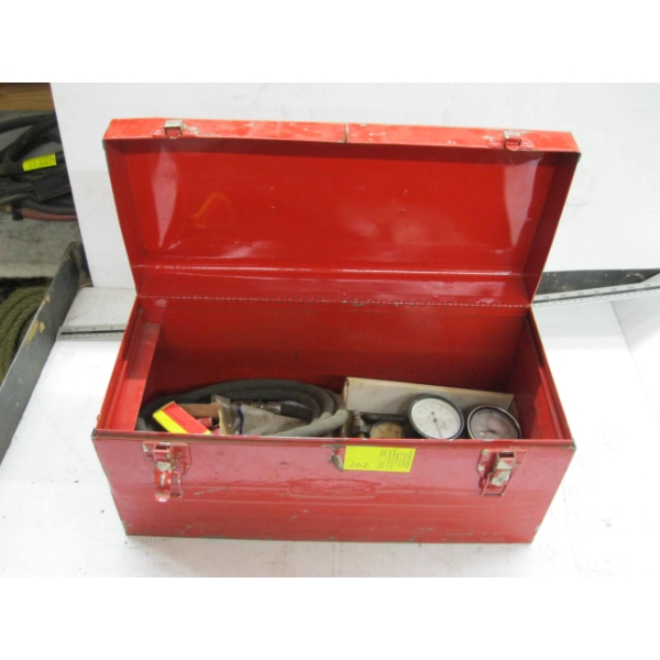 TOOLBOX W/ASST. GAUGES, HOSE, FITTINGS, ETC.