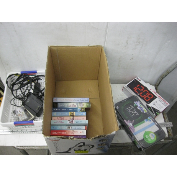 MISC. SOFT COVER BOOKS, AM FM CLOCK RADIO, BASKETS, ETC.