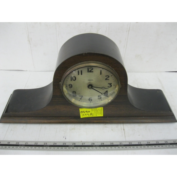 "AS IS" WOOD CASED MANTLE CLOCK BY ARTHUR PEQUEGNAT CLOCK CO. - NO KEY OR PENDULUM