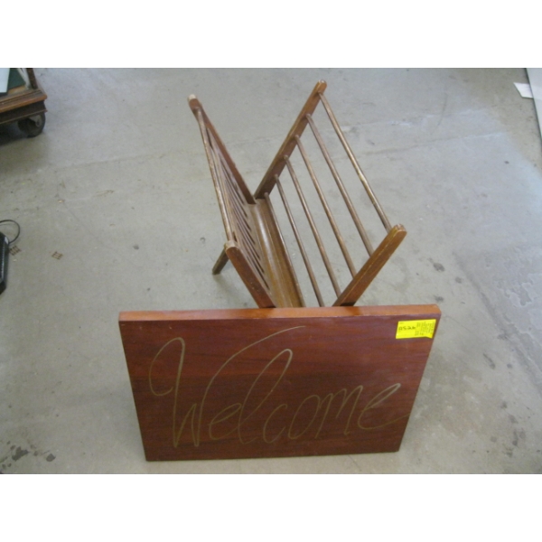 WELCOME SIGN & A FOLDING MAGAZINE/KNITTING RACK