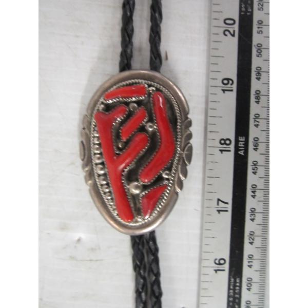 SILVER & CORAL KEWA INLAY SIGNED RLB NAVAJO BOLO TIE