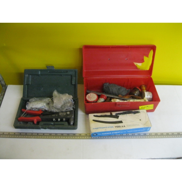 POP RIVET GUN & A RED TOOLBOX W/MISC. CONTENTS