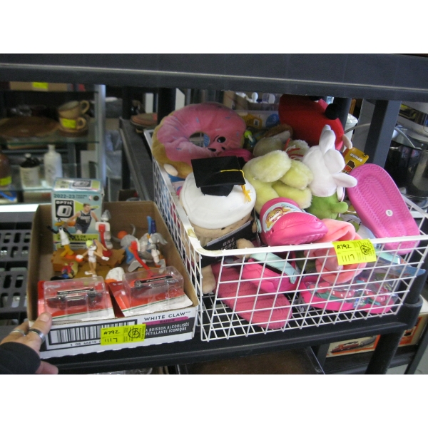 BOX & METAL BASKET MISC. STUFFED ANIMALS, KIDs SANDALS, SM. FIGURINES, CARS, ETC.