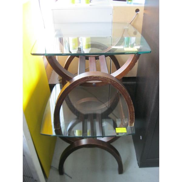 PAIR OF GLASS TOP WOOD BASED END TABLES