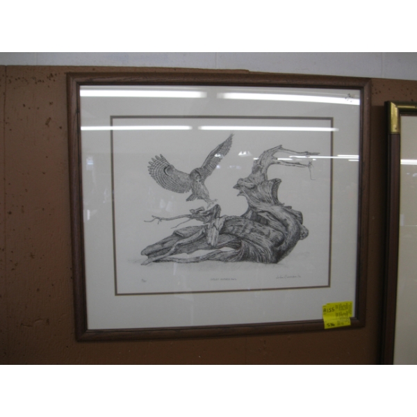FRAMED NUMBERED PRINT "GREAT HORNED OWL" BY CURRAN, 16/195