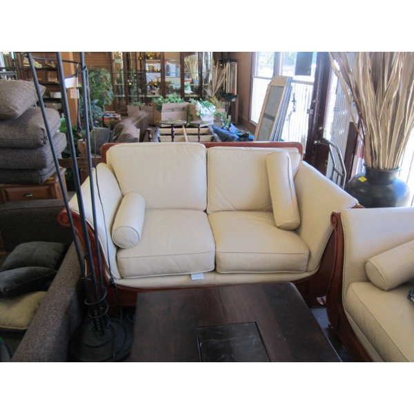 2 PIECE WOOD FRAMED BEIGE LEATHER COUCH & LOVESEAT