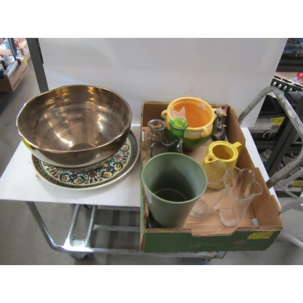 BOX W/LG CHARGER PLATE & BOWL W/MISC. POTTERY, GLASSWARE, ETC.