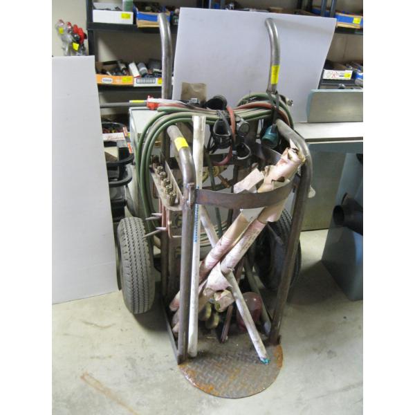 OXY ACETYLENE CUTTING TORCH SET W/CART, TIPS, GAUGES, ROD, ETC.