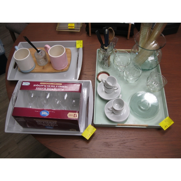 MISC. PLASTIC WINEGLASSES, TRAYS, COFFEE CUPS, ETC.