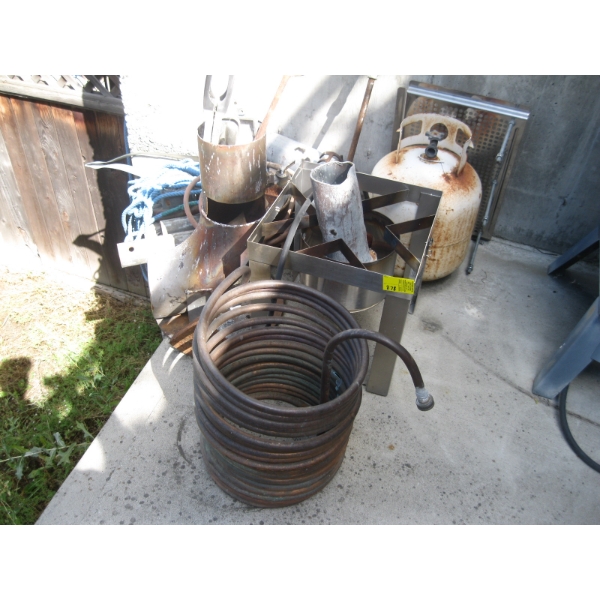 MISC. LEAD MELTING POT, FISH WEIGHT MOULDS, TIGER TORCH & COPPER PIPE, ETC.