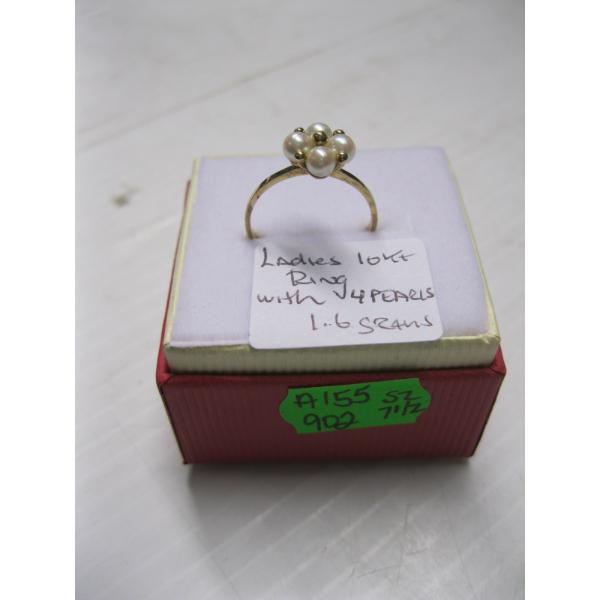 LADIES 10KT RING W/4 PEARLS, 1.6G, SZ 7 1/2