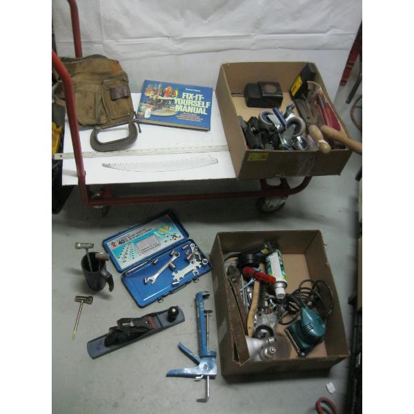 2 BOXES OF MISC. TIMER, SAWS, SANDERS, CLEVISES, ETC.