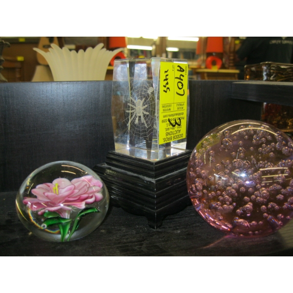 2 GLASS PAPER WEIGHTS & A DECORATIVE CRYSTAL SPIDER