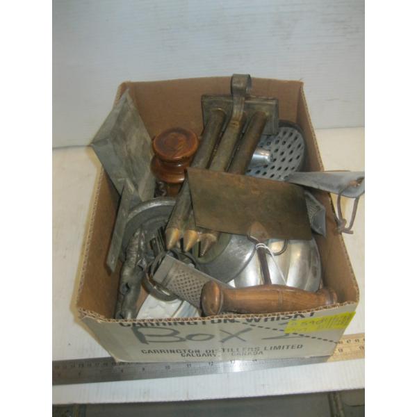 BOX OF VINTAGE KITCHEN UTENSILS - CANDLE MOLD, ETC.