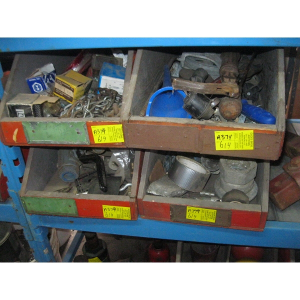 4 BINS OF MISC. CHAIN, FILES, NAIL PULLER, ETC.