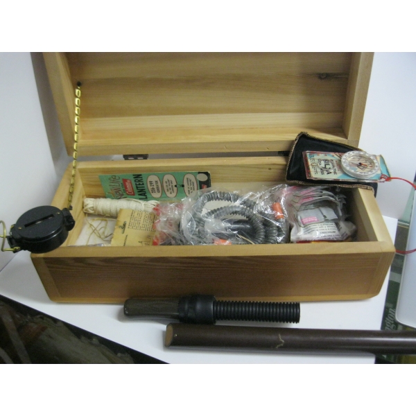 MISC. DUCK CALLS, COMPASS, LANTERN MANTLES, ETC.. IN WOOD BOX