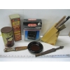 Image 3 : FRAMED WINDOW BLIND?? & BOX OF MISC. KNIVES, ASHTRAY, TINS, ETC.
